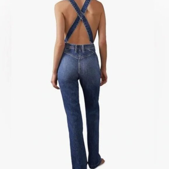 Free People We the Free Denim Camilla Slim Boot Cut Overalls Blue New NWT Medium - Picture 5 of 11